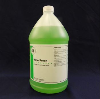clear jug, bright green liquid inside, white label, bright green stripe - Pine Fresh